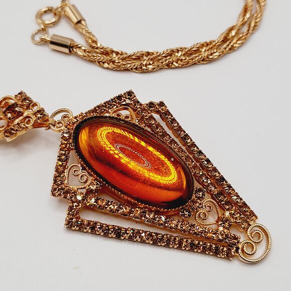 Vintage Topaz Lucite Rhinestone Pendant Brooch Necklace Rope Chain 22” - Picture 12 of 14